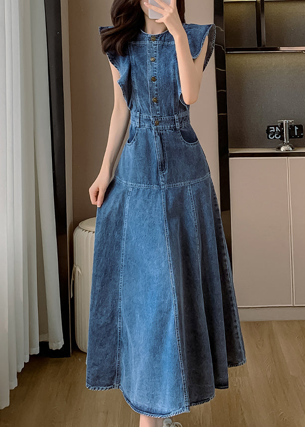 O Blue Neck Dress Denim Sleeve Butterfly Fashion Patchwork Long