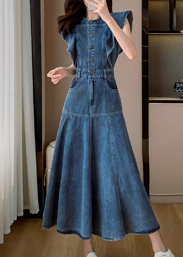 O Blue Neck Dress Denim Sleeve Butterfly Fashion Patchwork Long