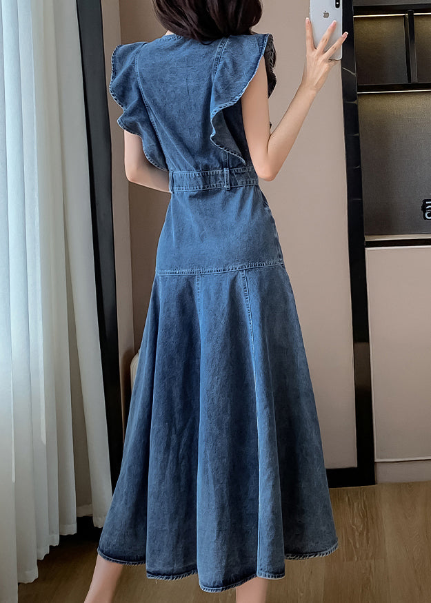 O Blue Neck Dress Denim Sleeve Butterfly Fashion Patchwork Long