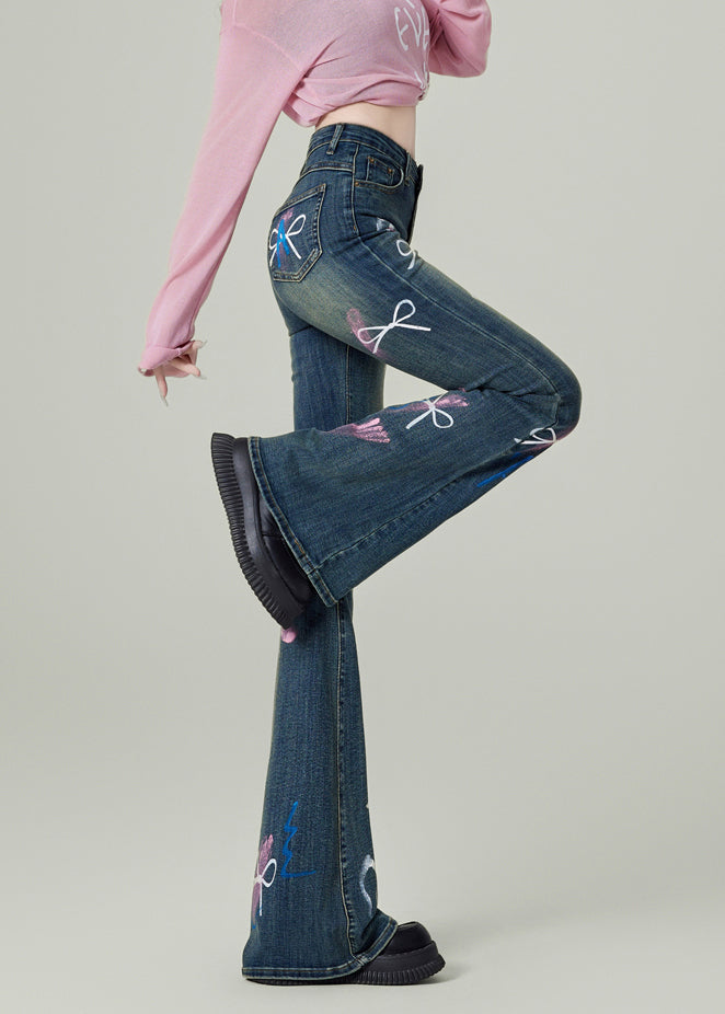 Fashion Blue Pockets Bow Print Denim Flared Trousers Spring TN020