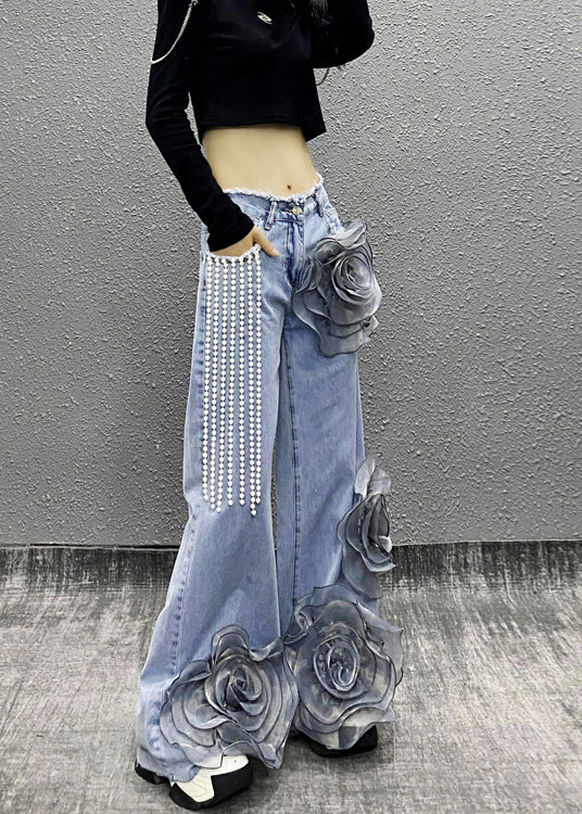 Fashion Blue Pockets Floral Bead Tassel Denim Pants Fall RI013