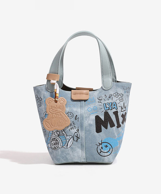 Denim Bag Patchwork Blue Bucket Fashion Print