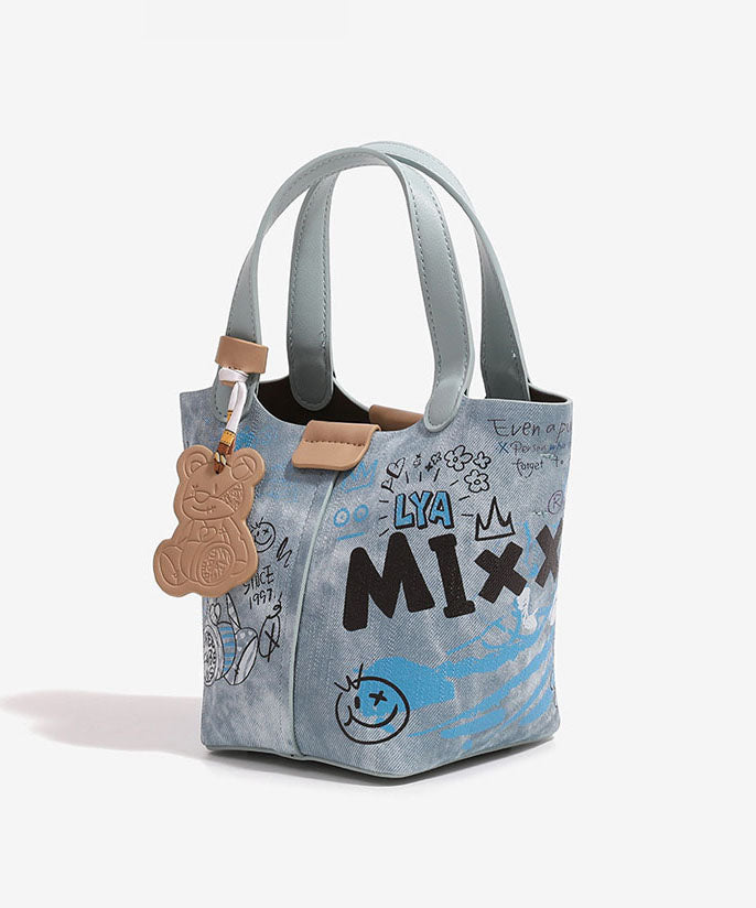 Denim Bag Patchwork Blue Bucket Fashion Print