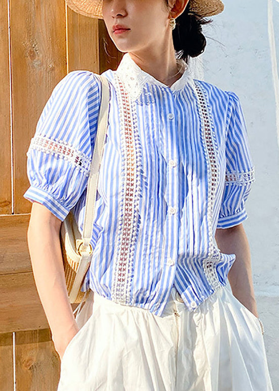 Hollow Striped Blouses Out Summer Blue Cotton Fashion