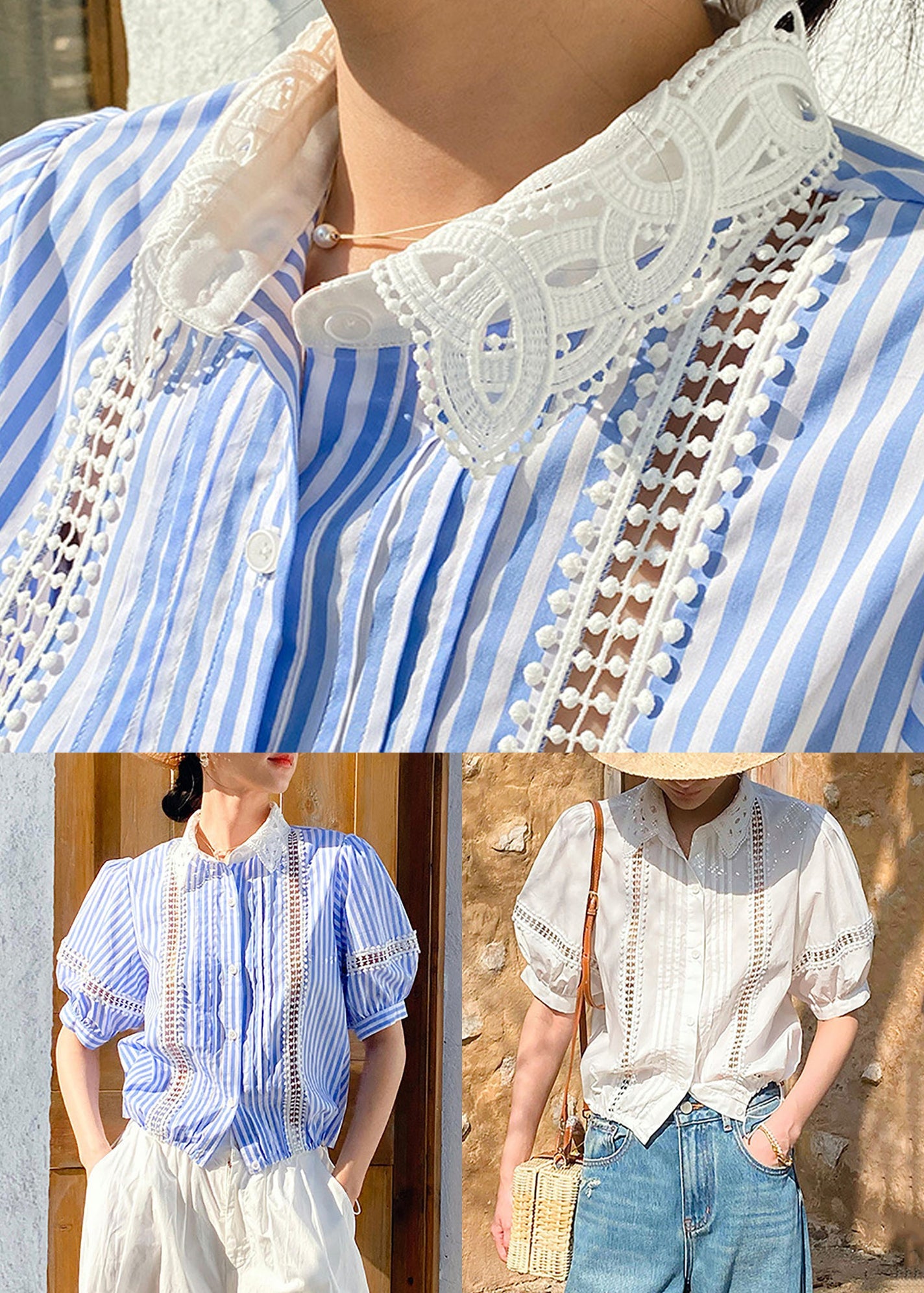 Hollow Striped Blouses Out Summer Blue Cotton Fashion
