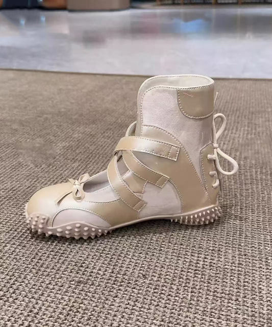 Nude Up Fashion Lace Bow Leather Shoes Faux Splicing Flats