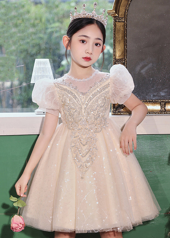 Robe longue en tulle à paillettes et col rond pour enfants, couleur champagne, à la mode, été, XZ041