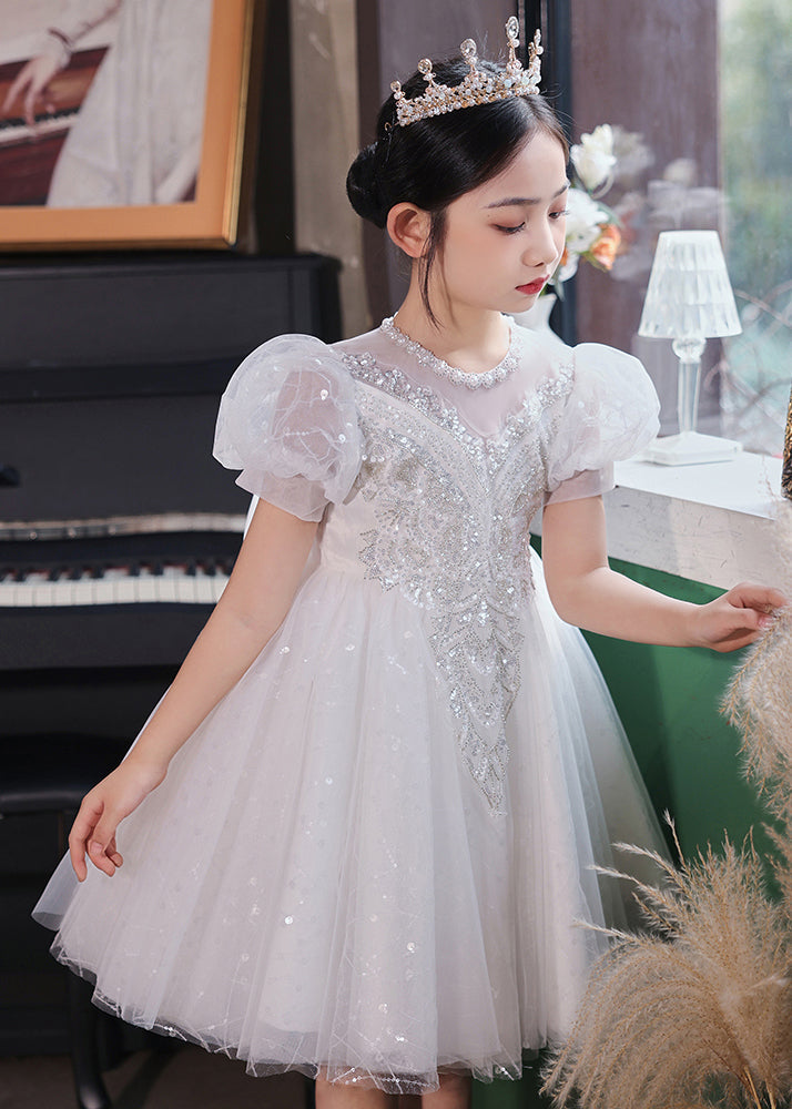 Robe longue en tulle à paillettes et col rond pour enfants, couleur champagne, à la mode, été, XZ041