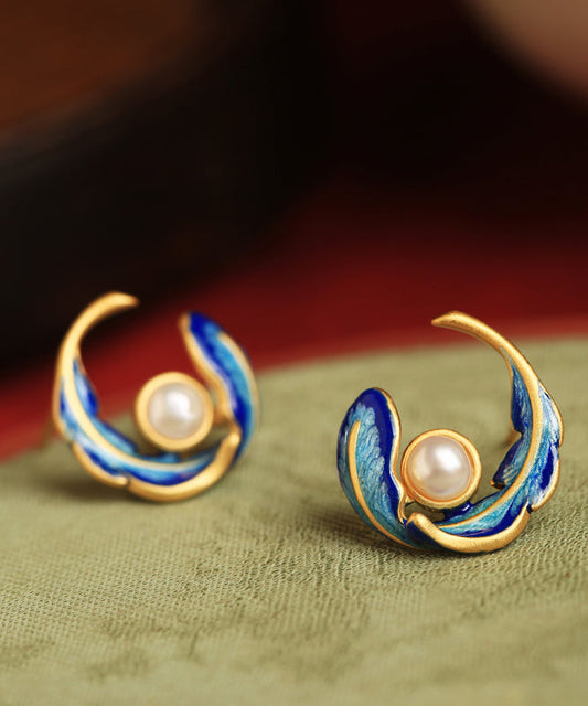 Earrings Copper Feather Hoop Pearl Alloy Fashion Colorblock