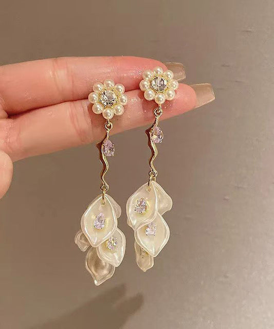 Fashion Zircon Pearl Alloy Gold Drop Earrings Floral Tassel