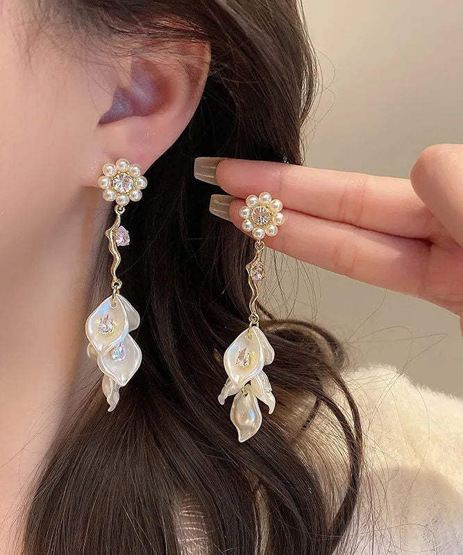 Fashion Zircon Pearl Alloy Gold Drop Earrings Floral Tassel