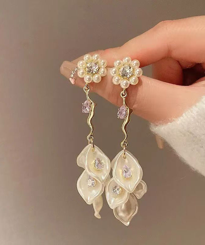 Fashion Zircon Pearl Alloy Gold Drop Earrings Floral Tassel
