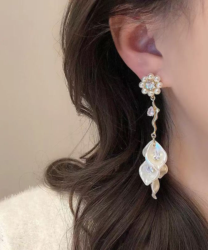 Fashion Zircon Pearl Alloy Gold Drop Earrings Floral Tassel