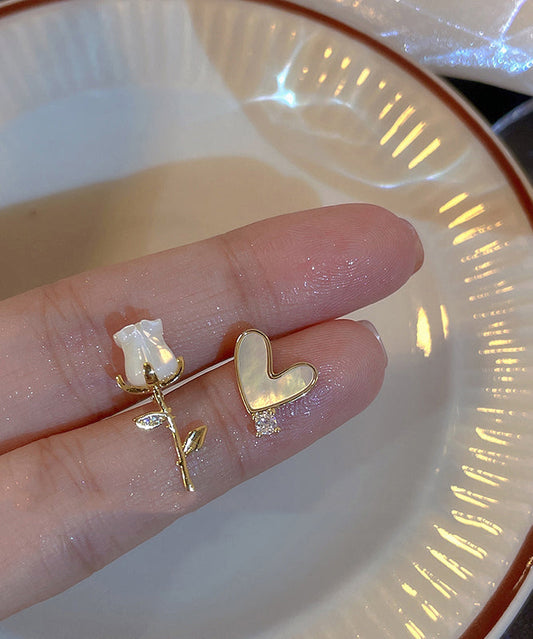 Gold Asymmetrical Rose And Overgild Copper Fashion Floral Stud