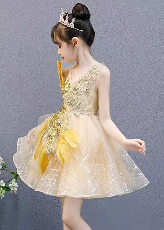 Fashion Gold V Neck Lace Patchwork Tulle Girls Mid Dress Sleeveless QV006