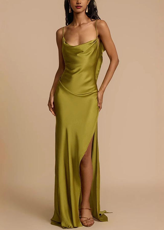 Silk Green Side Fashion Backless Open Cami Summer Dress