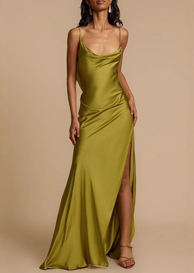 Silk Green Side Fashion Backless Open Cami Summer Dress