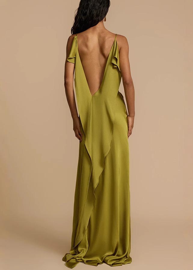 Silk Green Side Fashion Backless Open Cami Summer Dress