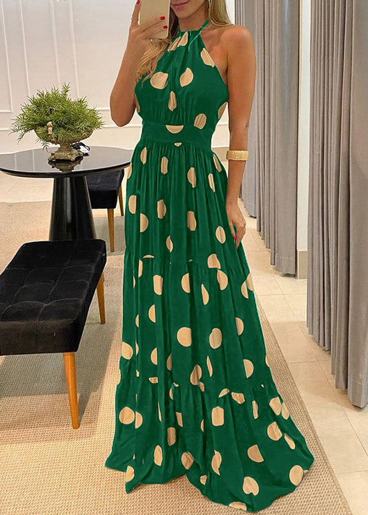 Print Fashion Backless Halter Sleeveless Maxi Dot Dress Green