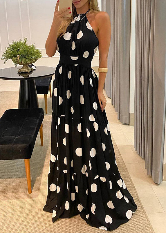 Maxi Green Dot Dress Backless Halter Fashion Sleeveless Print
