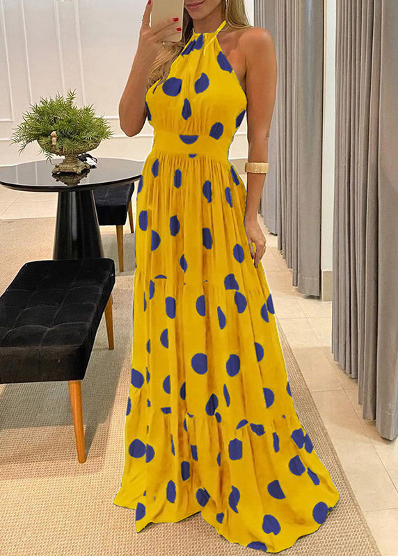 Maxi Green Dot Dress Backless Halter Fashion Sleeveless Print