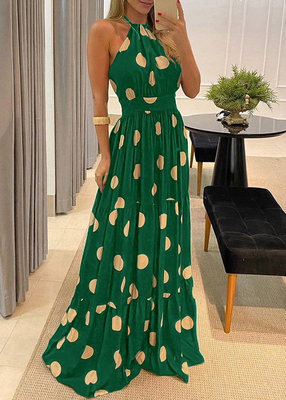 Print Fashion Backless Halter Sleeveless Maxi Dot Dress Green