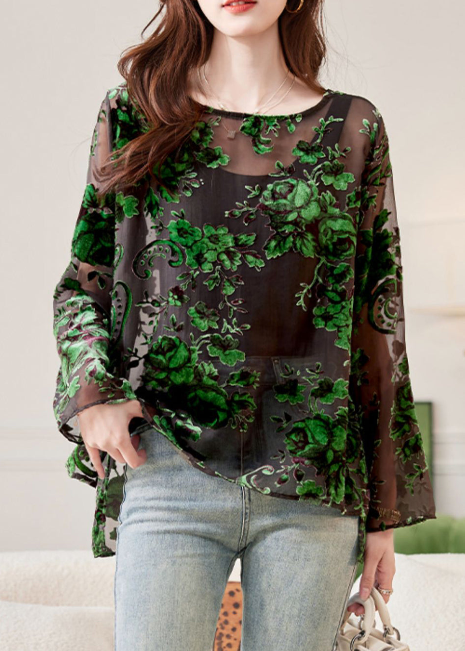 Chiffon Shirts Spring Fashion Green O-Neck Floral