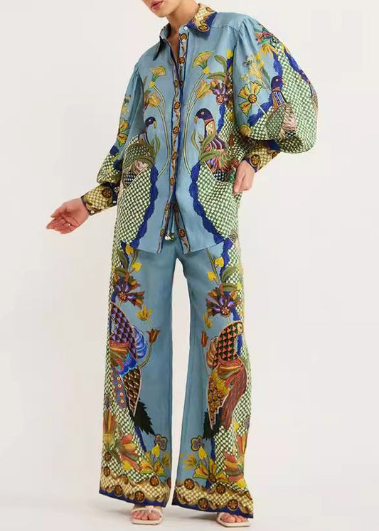 Peter Print And Collar Leg Pan Shirts Pants Fashion Green Wide