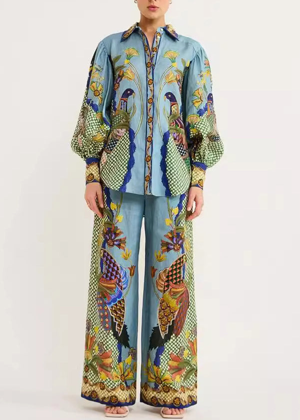 Peter Print And Collar Leg Pan Shirts Pants Fashion Green Wide