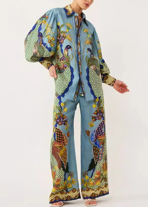 Peter Print And Collar Leg Pan Shirts Pants Fashion Green Wide