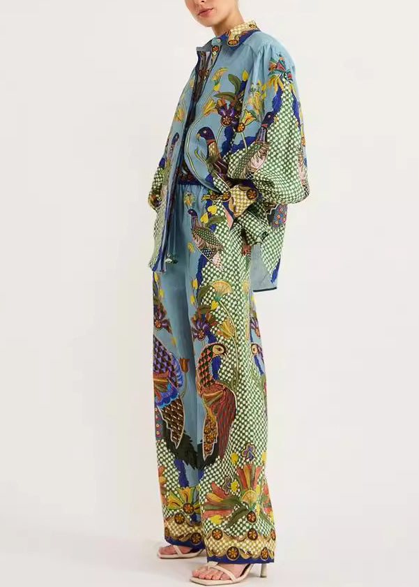 Set Peter Shirts Collar Leg Pan Green Wide Fall Pieces Pants Two Fashion Print And