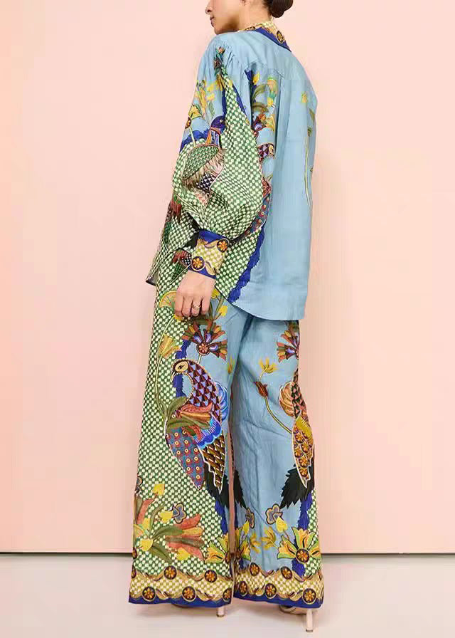 Peter Print And Collar Leg Pan Shirts Pants Fashion Green Wide