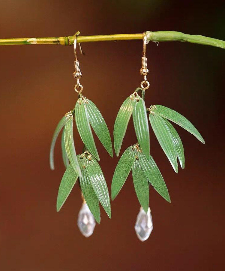 Fashion Green Sterling Silver Overgild Pearl Bamboo Leaf Drop Earrings ZZ085