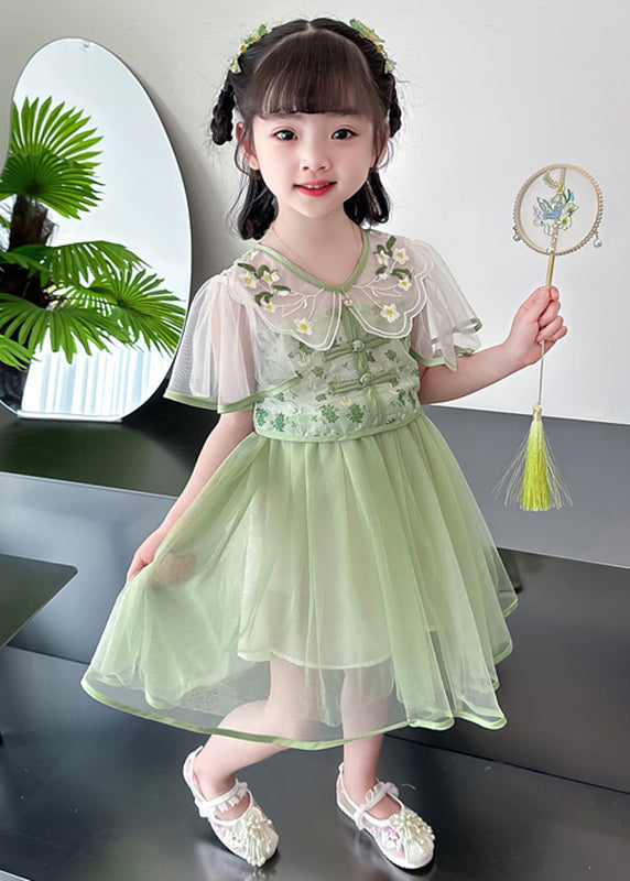 Fashion Green V Neck Embroideried Patchwork Tulle Girls Long Dresses Summer MN031