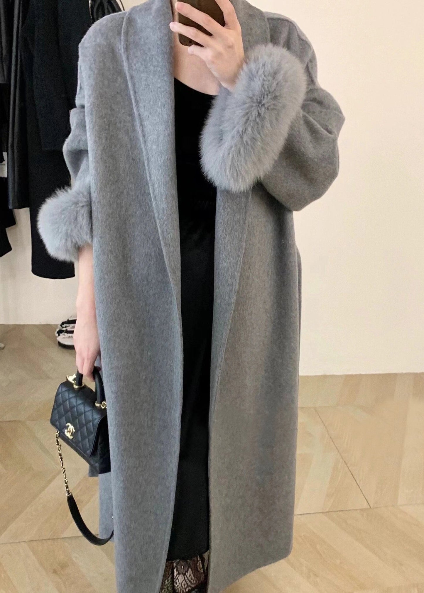 Fashion Grey Fox Fur Patchwork Woolen Duster Coat Winter RS043