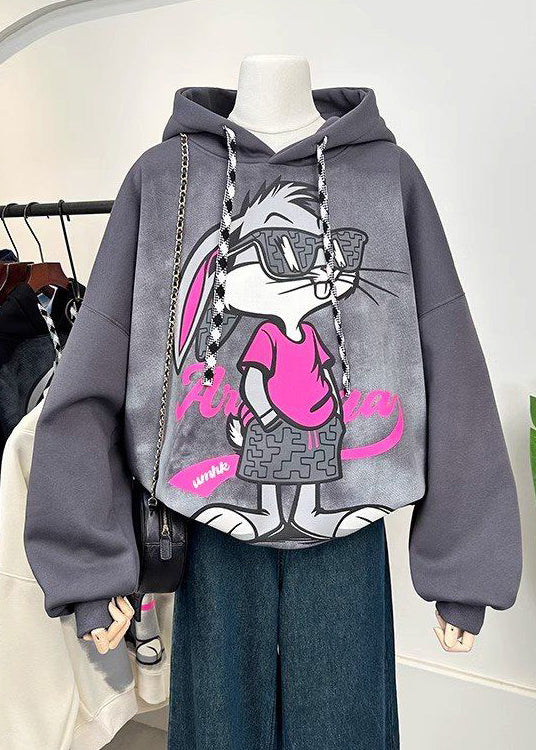 Fashion Grey Hooded Cartoon Print Cotton Sweatshirts Spring YF010
