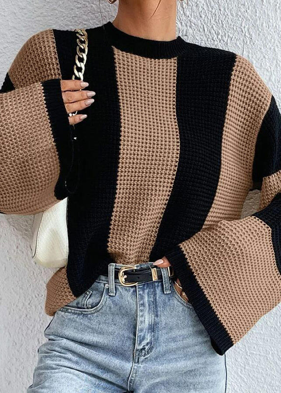 Fashion Khaki O Neck Striped Women Knit Sweaters Fall QY007