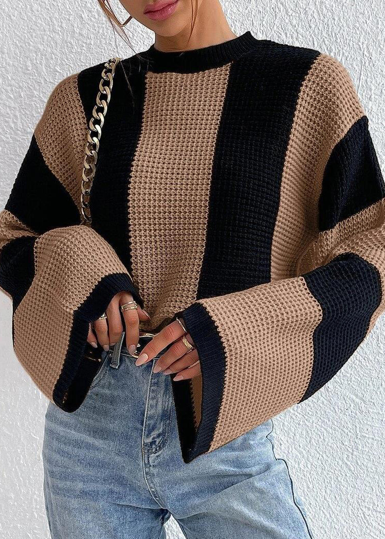 Fashion Khaki O Neck Striped Women Knit Sweaters Fall QY007