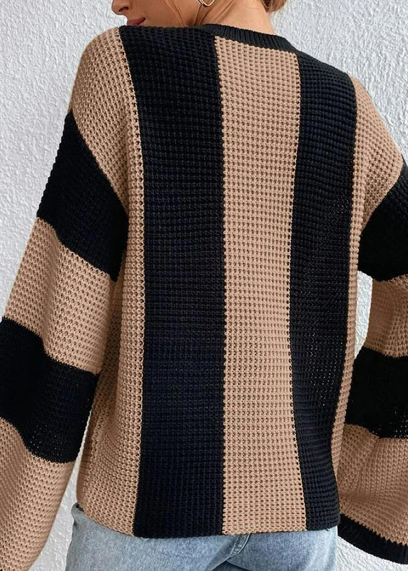 Fashion Khaki O Neck Striped Women Knit Sweaters Fall QY007