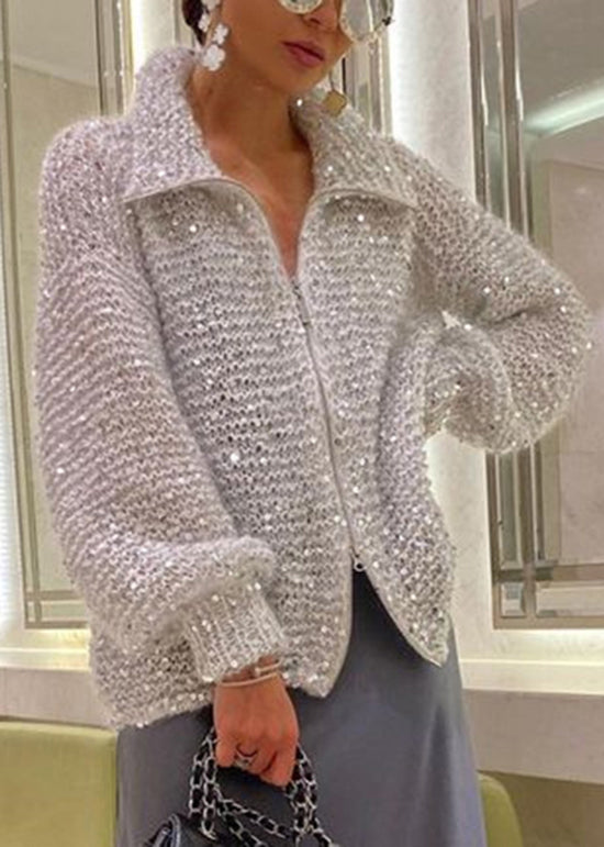 Fashion Light Camel Zip Up Sequins Knit Cardigan Spring YY019