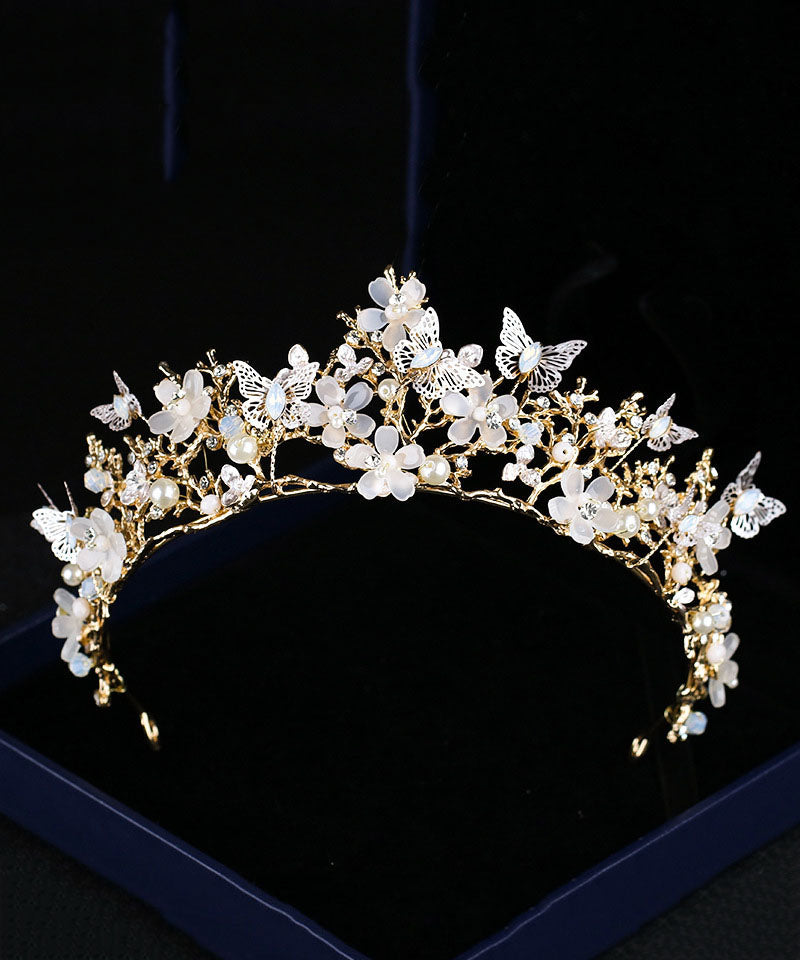 Couronne florale papillon en cristal de zircon doré clair à la mode pour fille IU035