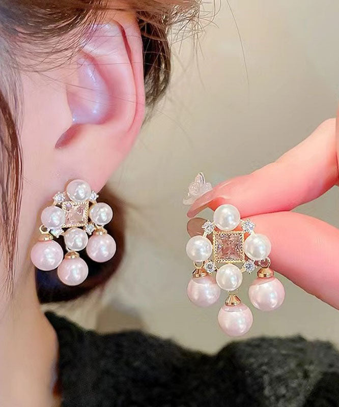 Zircon Light Alloy Hollow Fashion Pearl Stud Pink Earrings Out