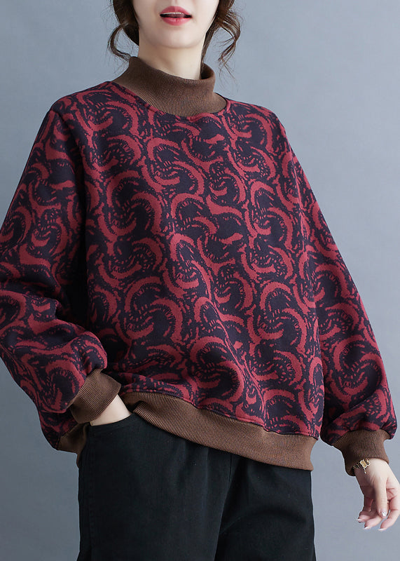 Fashion Mulberry Stand Collar Print Warm Fleece Pullover Streetwear Spring TM010