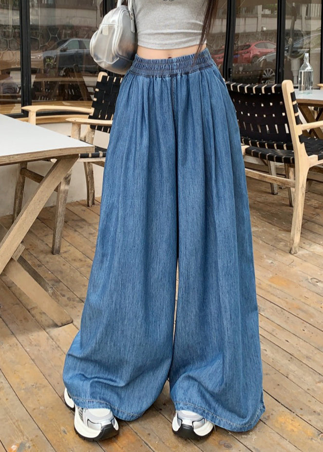 Elastic Fashion Denim Summer Waist Pants Leg Wide Navy