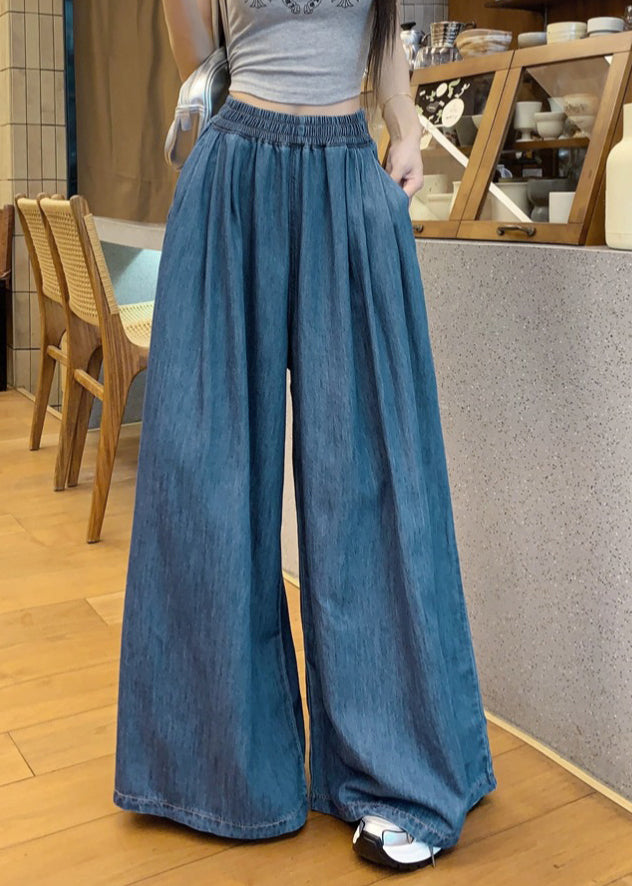 Elastic Fashion Denim Summer Waist Pants Leg Wide Navy