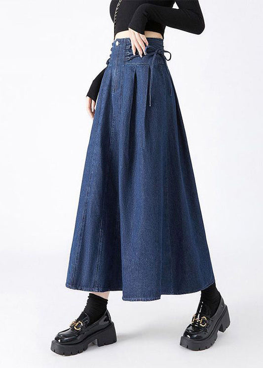 Spring Patchwork Denim Waist Fashion Navy Skirts Maxi Tie