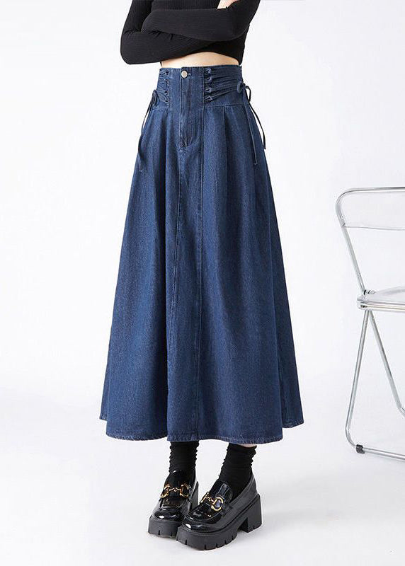 Spring Patchwork Denim Waist Fashion Navy Skirts Maxi Tie