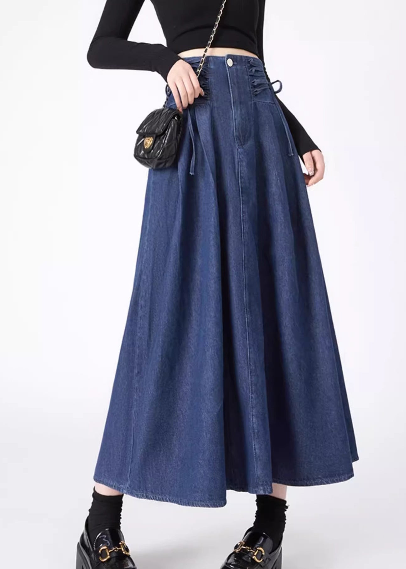 Spring Patchwork Denim Waist Fashion Navy Skirts Maxi Tie