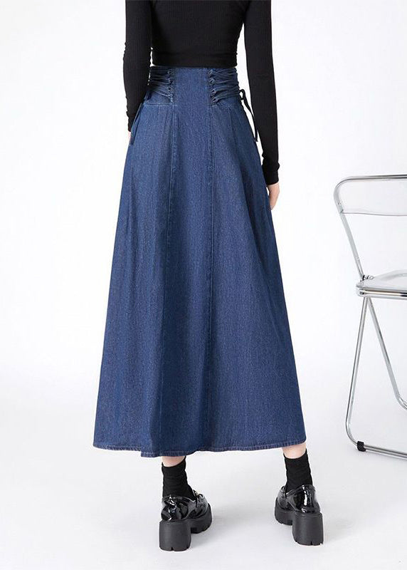 Spring Patchwork Denim Waist Fashion Navy Skirts Maxi Tie