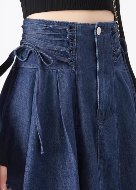 Spring Patchwork Denim Waist Fashion Navy Skirts Maxi Tie